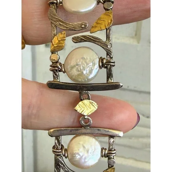 Vintage 90s Modernist Donna Burdic Bracelet Coin Pearls Sterling Gold Leaves